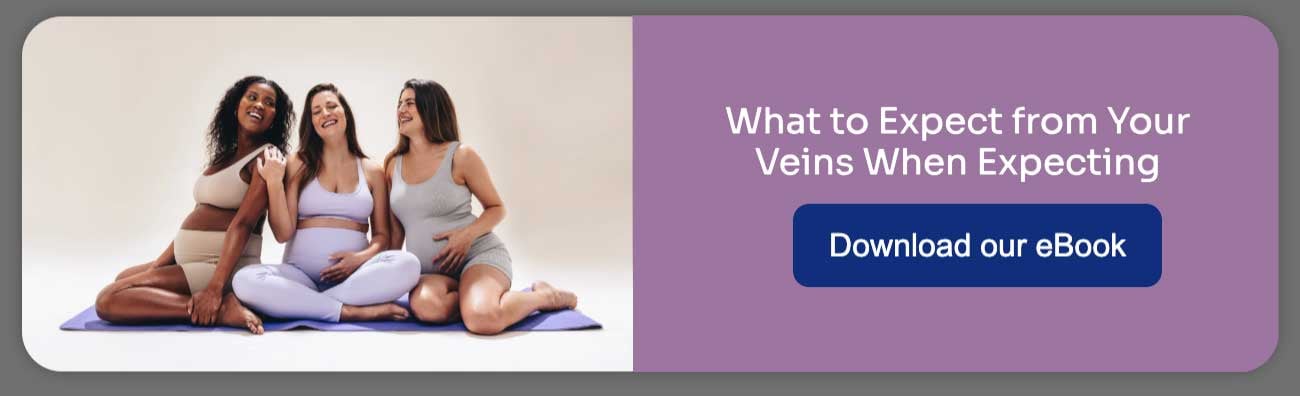 Pregnancy ebook CTA with 3 pregnant women on a yoga mat and a download button